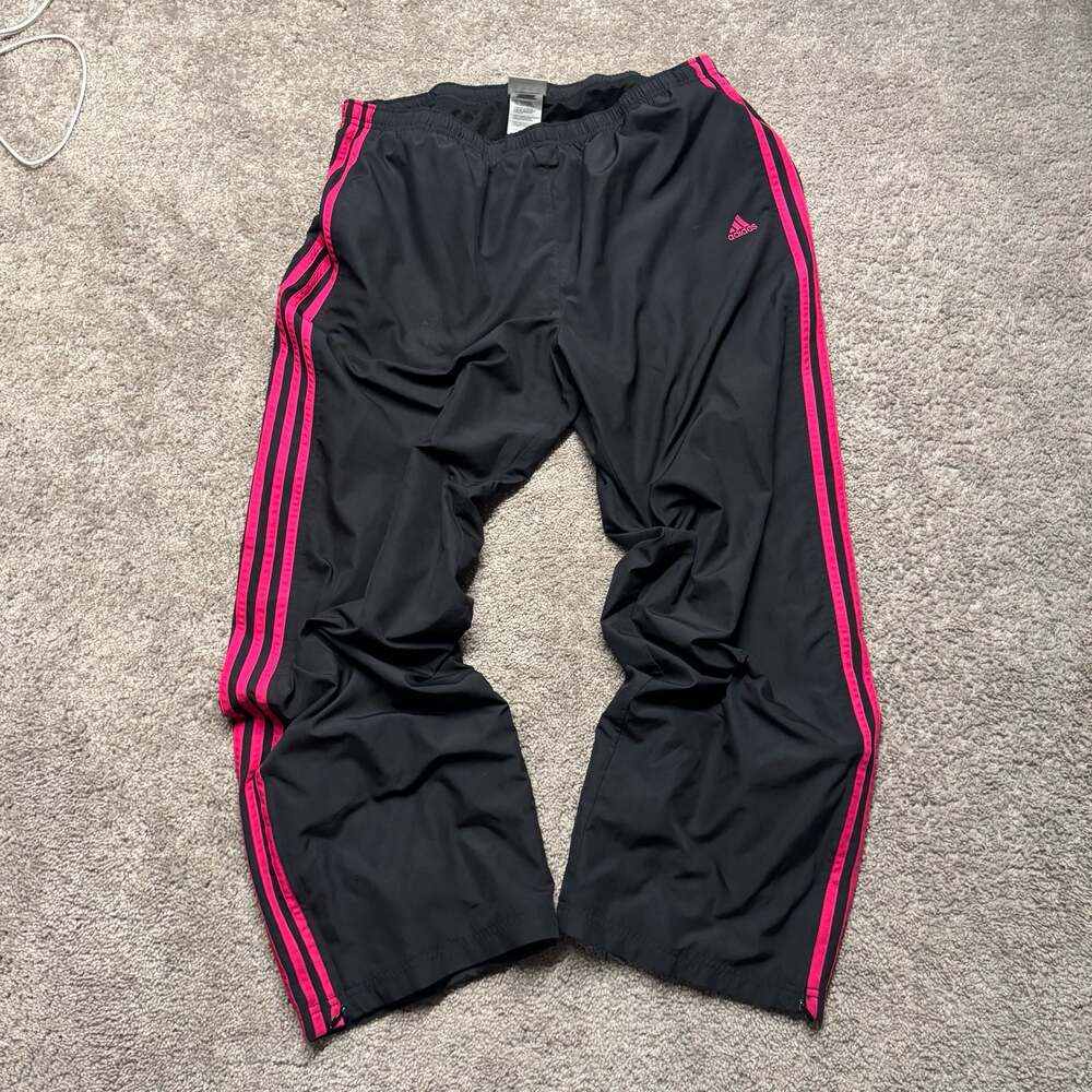 Adidas Women's Black and Pink Three Stripe Track Pants Size XL